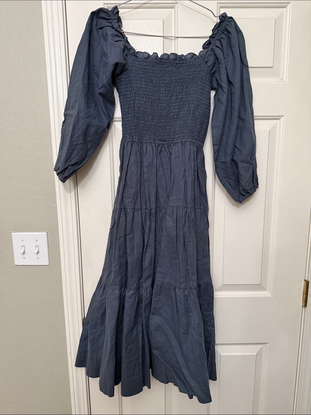 Smocked Puff-Sleeve Maxi Dress in Navy
